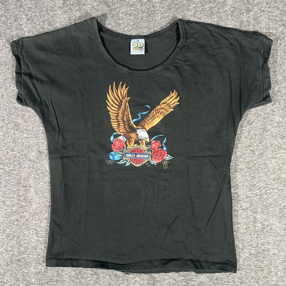 Vintage 1988 Harley Davidson 3D Emblem Eagle Roses T-Shirt Black Womens M USA